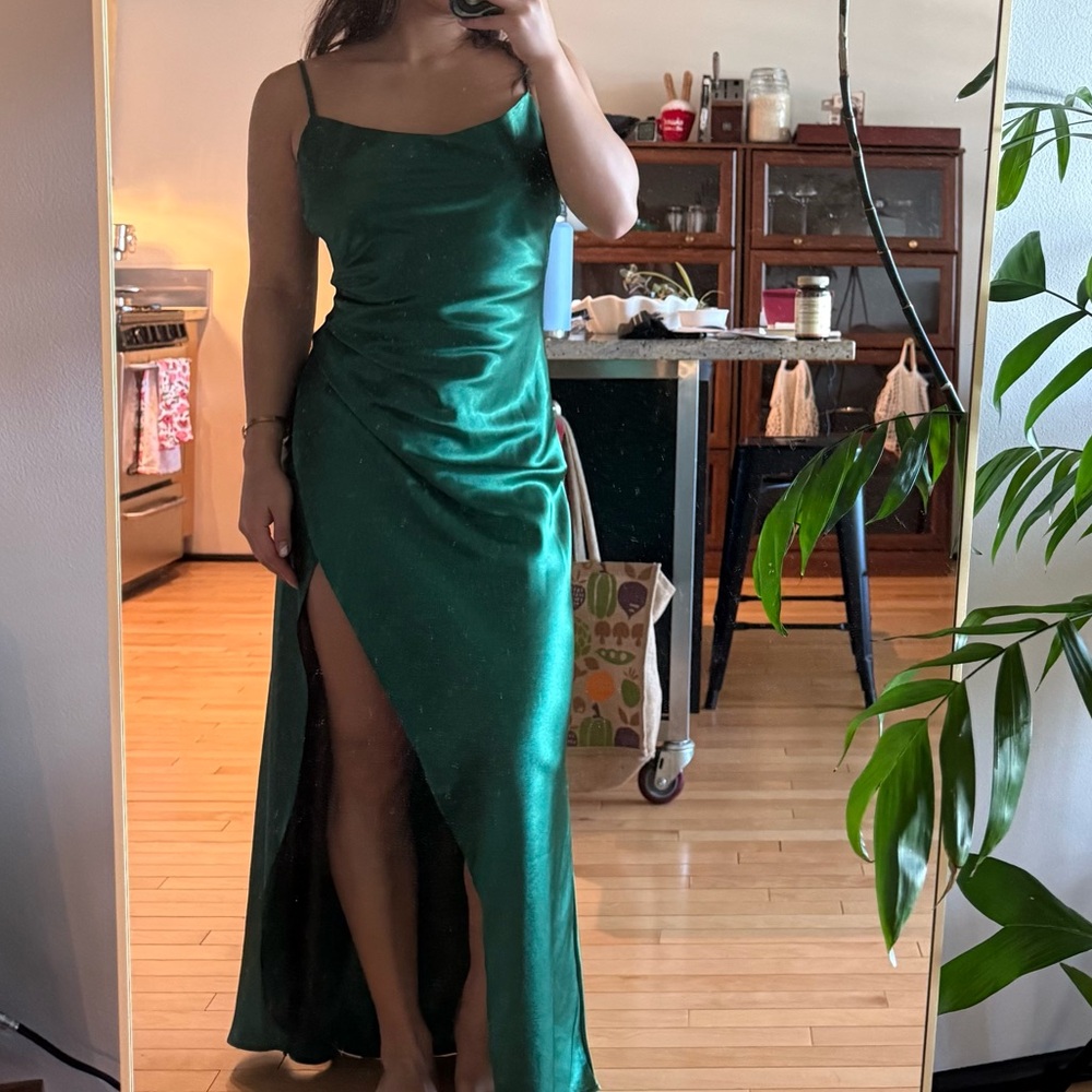 Emerald Green Satin Gown with Slit